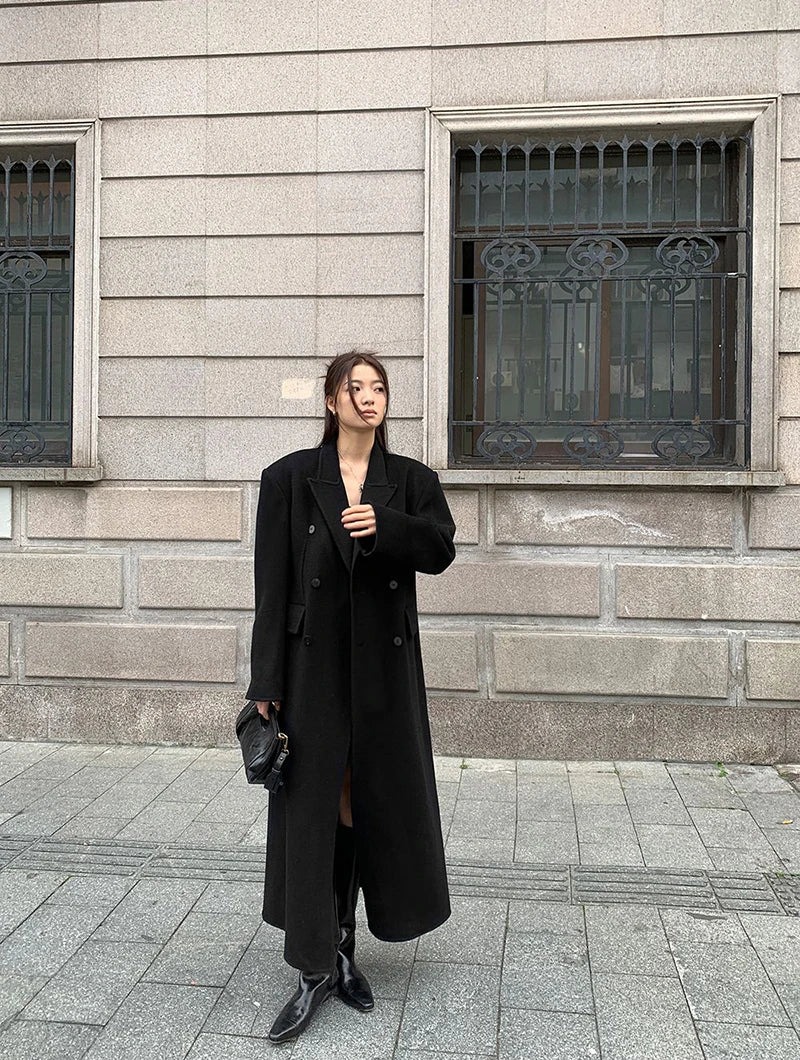 Women's Y2K Faux Wool Coat - Double Breasted Winter Jacket