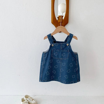 New Spring Summer 2025 Dress Toddler Girls' Suspenders Dress Cute Bear Printing Denim Dress For Baby Girls 1 To 8 Years Old