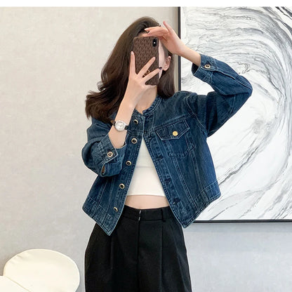 Vintage Women's O-Neck Denim Jacket Y2K
