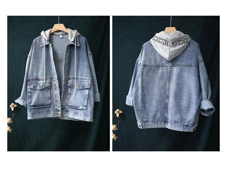 Korean Denim Jacket Women Hooded Vintage