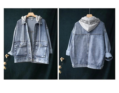 Korean Denim Jacket Women Hooded Vintage