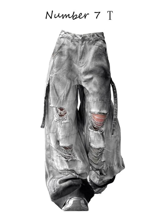 Women Jeans American High Street Ripped Straight Wide-Leg