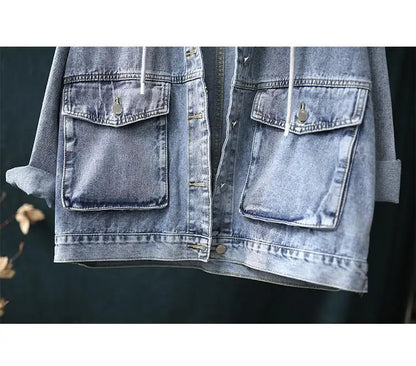 Korean Denim Jacket Women Hooded Vintage