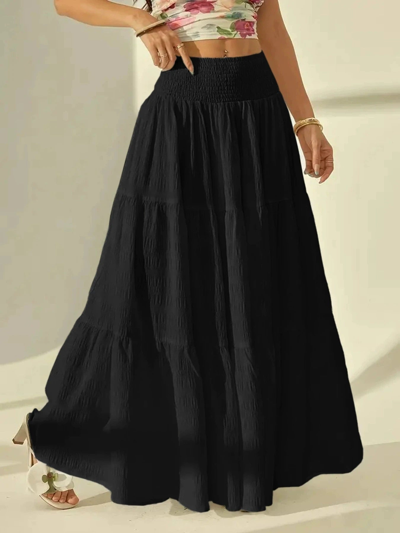 Women's Fashion Tiered Maxi Skirt - Elastic Waist Long Skirt