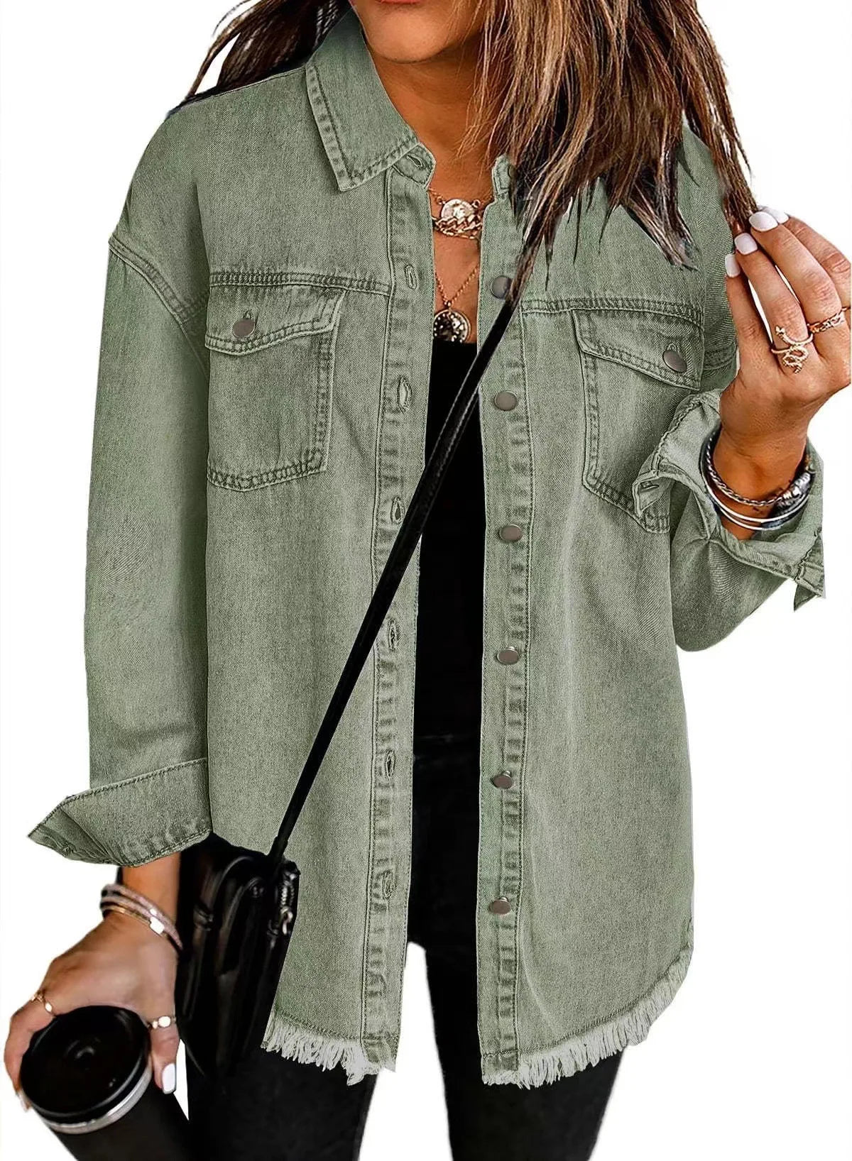 New washed denim shirt jacket for women autumn and winter personality street style edged hem jacket for women