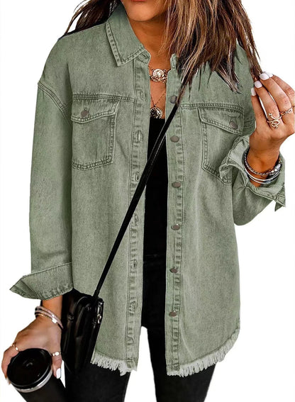 New washed denim shirt jacket for women autumn and winter personality street style edged hem jacket for women