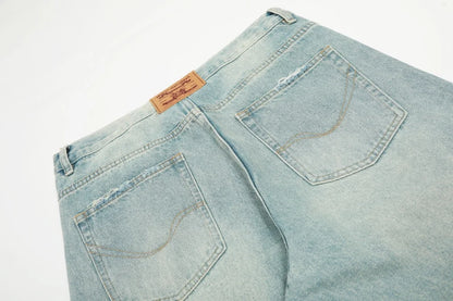 Men's Ripped Straight Jeans - Pocket Retro Casual Distressed