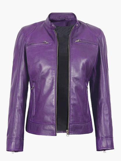 Women's Leather Jacket - Slim Fit A-line Zipper Cycling Jacket, Stand Collar Long Sleeve Casual Cycling Jacket, All-Season PU Le