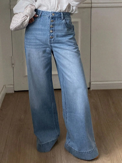 Front-Buttoned High-Waisted Women's Jeans Wide Hem