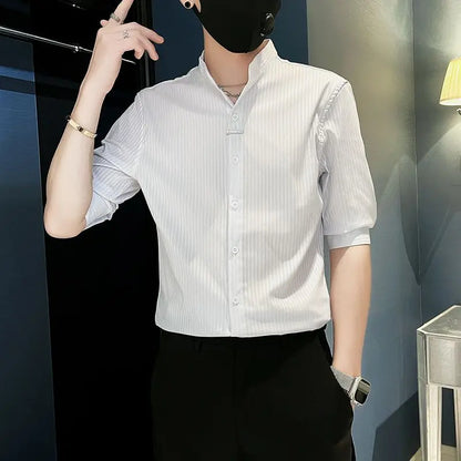 Men's Striped Stand Collar Cardigan Shirt 2025
