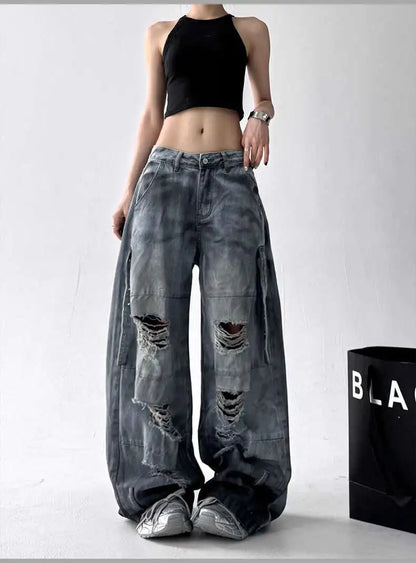 Women Jeans American High Street Ripped Straight Wide-Leg