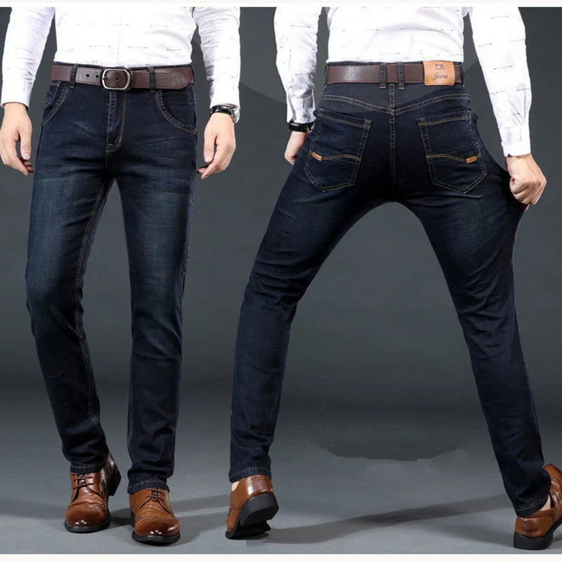 Men's Casual Stretch Jeans - Classic Blue & Black Denim