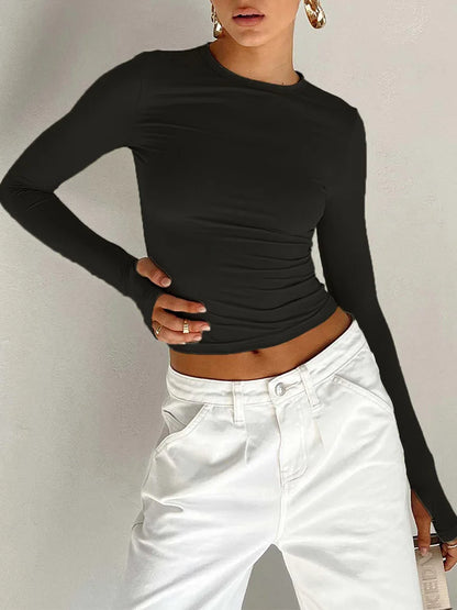 Moda Qadın T-shirt Uzunqol Dəyirmi Yaxa Bütün Rəngli Dar Kəsim Qadın Krop Top Baş Barmaq Deşikli Gündəlik Küçə Geyimi Yay Kamisolu Üçün