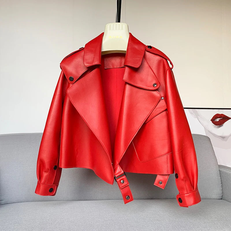 Sheepskin Coat For Women Leather Jacket Winter Spring Moto Biker Genuine Top Quality Black