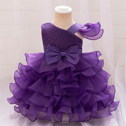 Flower Girls Wedding Bridesmaid Party Dress Kids Sequin Princess Gown For Baby Toddler 1st Birthday Bow Clothes Evening Costumes