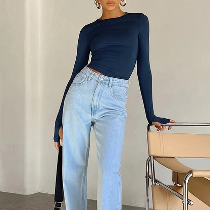 Moda Qadın T-shirt Uzunqol Dəyirmi Yaxa Bütün Rəngli Dar Kəsim Qadın Krop Top Baş Barmaq Deşikli Gündəlik Küçə Geyimi Yay Kamisolu Üçün