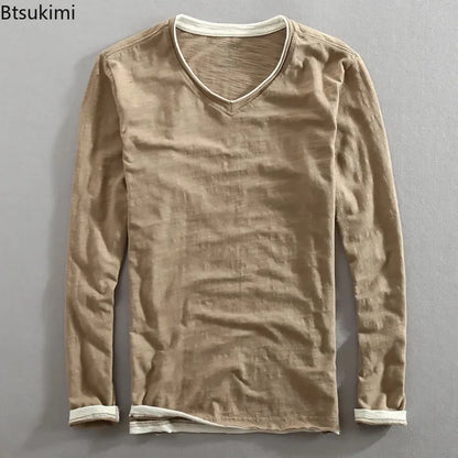 Men's Japanese Vintage V-Neck Long Sleeve T-Shirt 2026