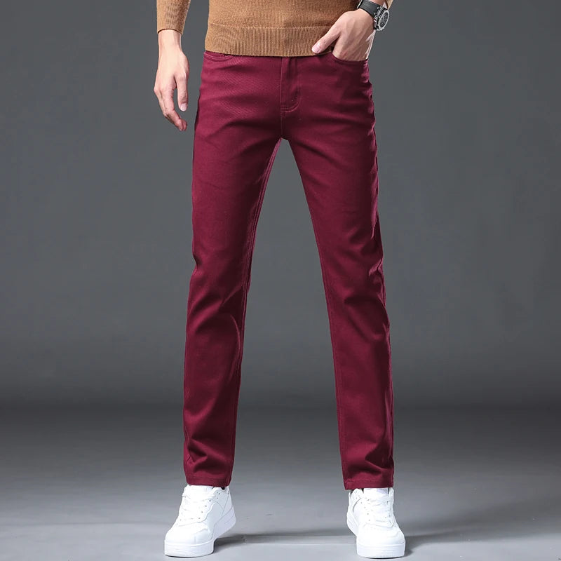 Wine Red Jeans Men - Fashion Casual Classic Business Straight