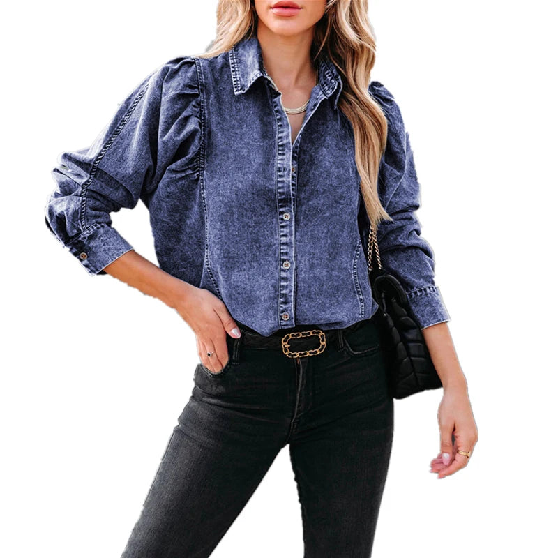 Women's Boho Denim Blouse Puff Sleeve Vintage Shirt