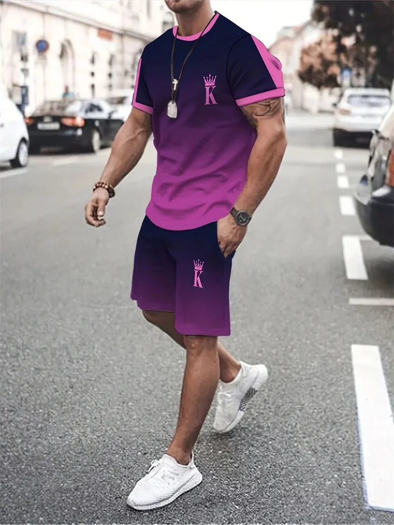 Men's 3D Gradient T-shirt and Shorts Set - Casual Sportswear