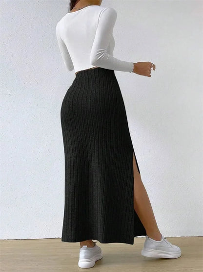 Women's Rib-knit Side Split Maxi Skirt - Long Skirt