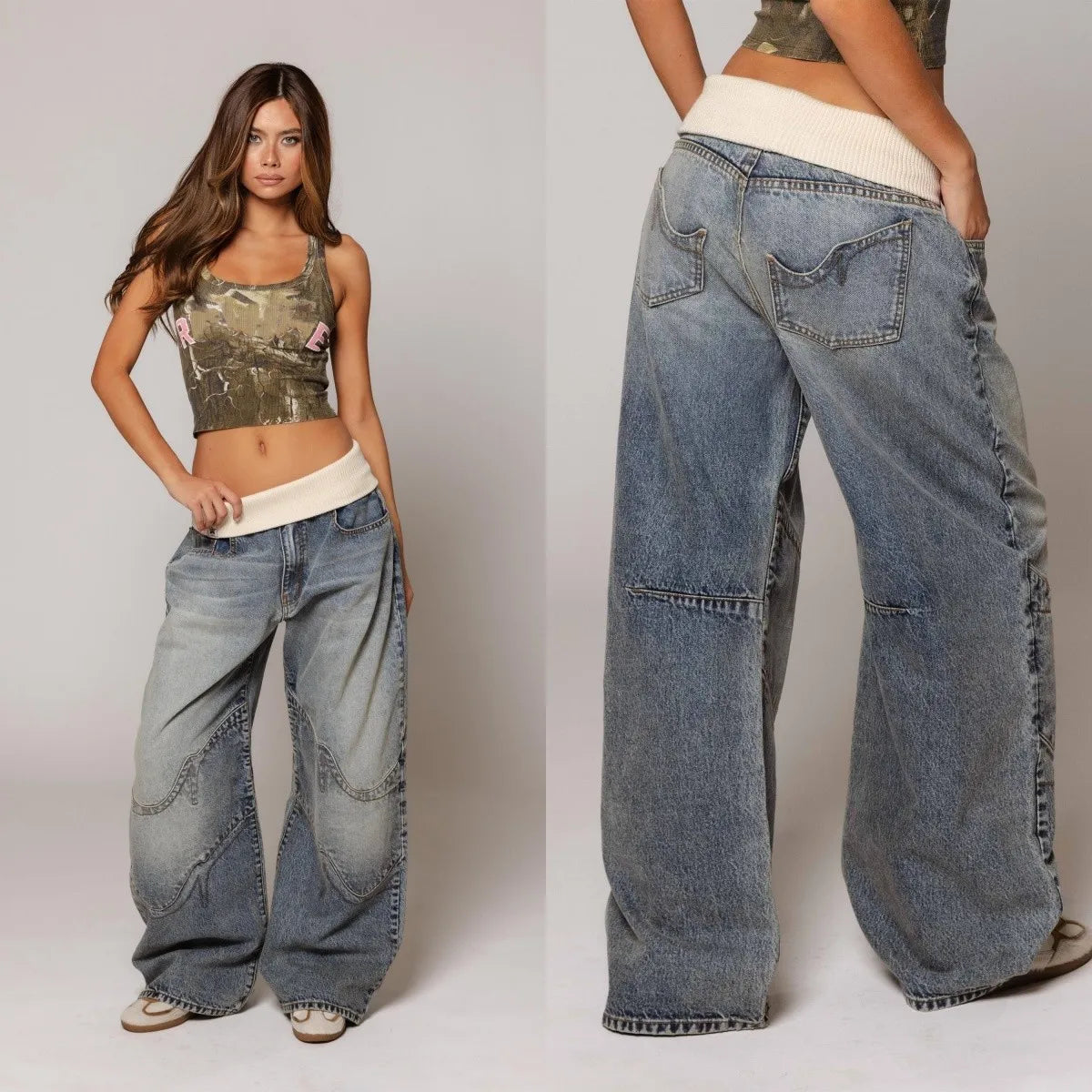 Ribbed Waistband Straight-Leg Jeans - Vintage Washed