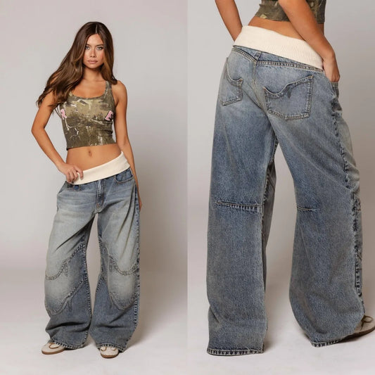 Ribbed Waistband Straight-Leg Jeans - Vintage Washed