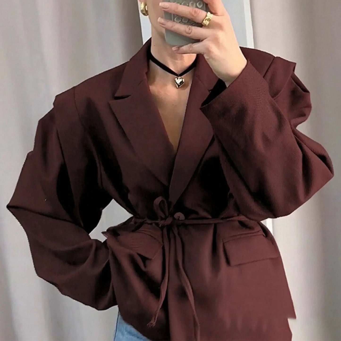 Qadınlar üçün Yüksək Səviyyəli Blazer Zərif Şəhərətrafı Bel Qalstuku