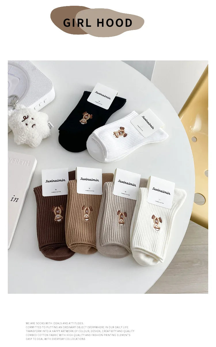 New Design Embroider Cute Bears Dressed Player In Sportswear Short Cotton Socks 6 Colors Available Casual Style Daily Attire