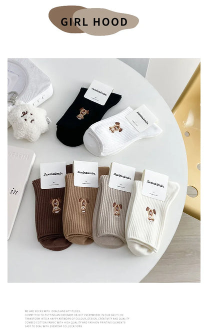 New Design Embroider Cute Bears Dressed Player In Sportswear Short Cotton Socks 6 Colors Available Casual Style Daily Attire