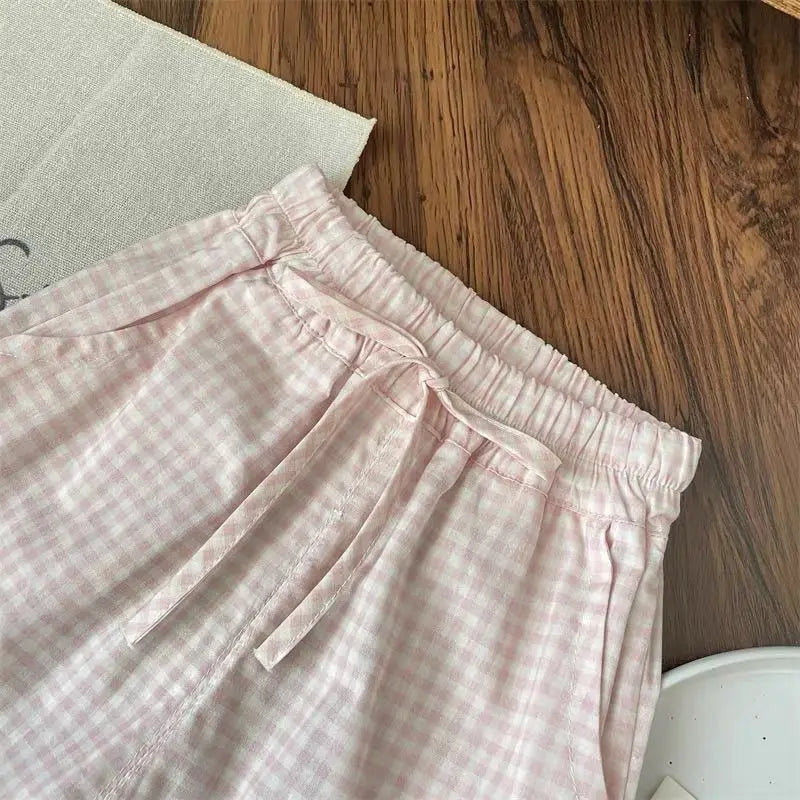 Girls' Bow Top & Plaid Wide Leg Pants Set - Premium