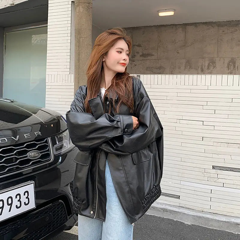 College Style PU Leather Jacket for Women 2025 Spring and Autumn New Loose Windproof Leather Jacket