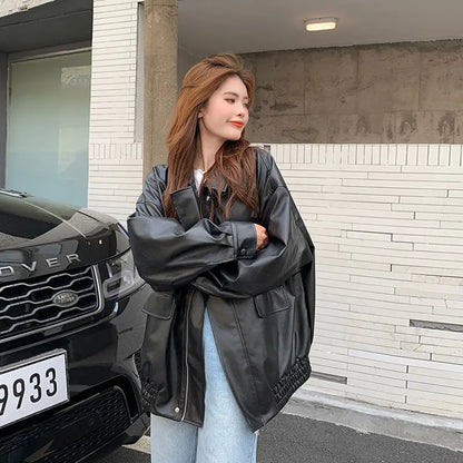 College Style PU Leather Jacket for Women 2025 Spring and Autumn New Loose Windproof Leather Jacket