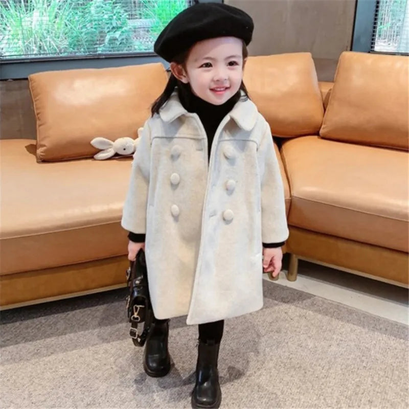 Girls Tweed Coat - Mid-Length Padded Double-Breasted Winter