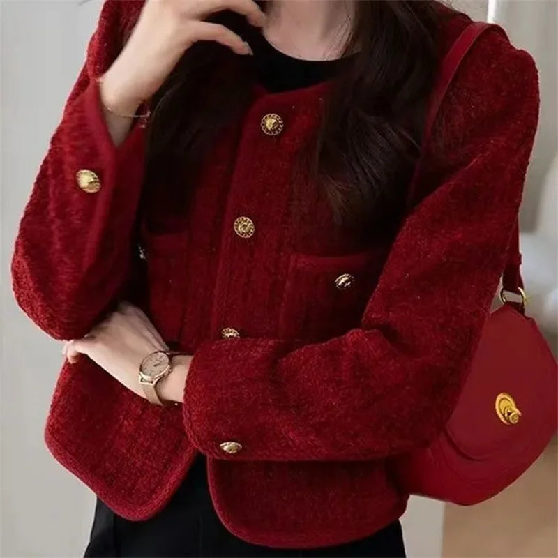 Women's Jacket 2026 Spring Autumn Red Tweed Small Fragrance