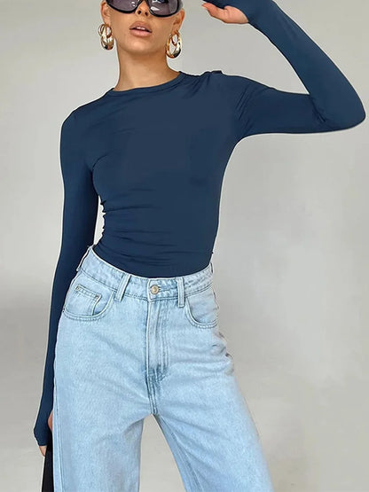 Moda Qadın T-shirt Uzunqol Dəyirmi Yaxa Bütün Rəngli Dar Kəsim Qadın Krop Top Baş Barmaq Deşikli Gündəlik Küçə Geyimi Yay Kamisolu Üçün