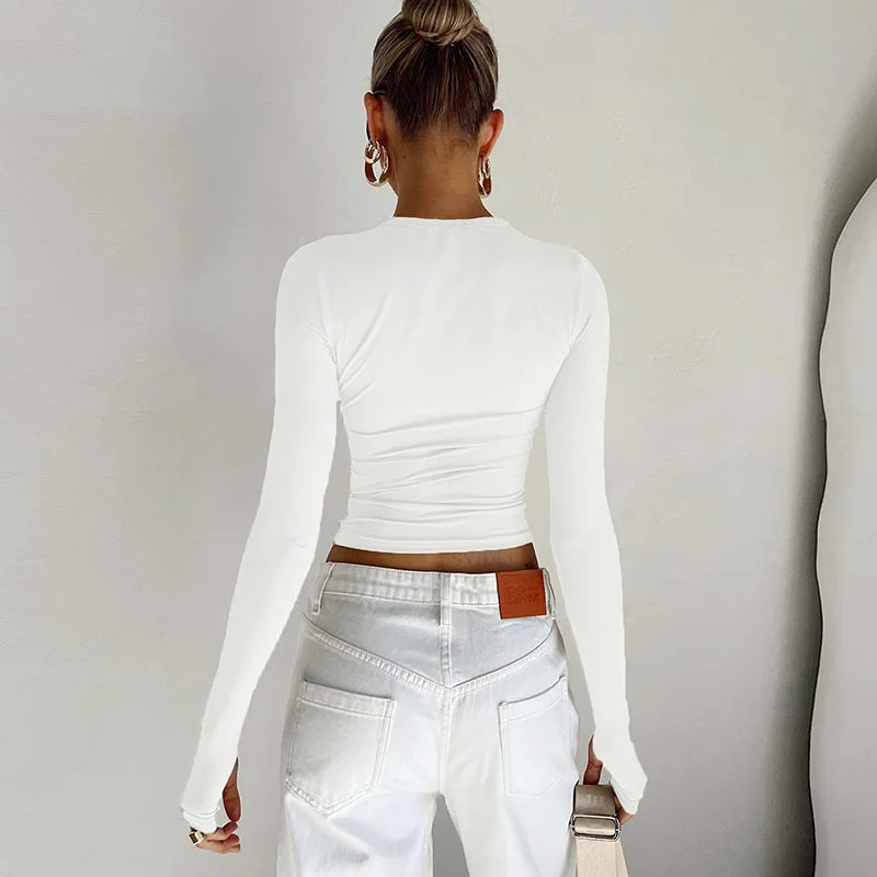 Moda Qadın T-shirt Uzunqol Dəyirmi Yaxa Bütün Rəngli Dar Kəsim Qadın Krop Top Baş Barmaq Deşikli Gündəlik Küçə Geyimi Yay Kamisolu Üçün
