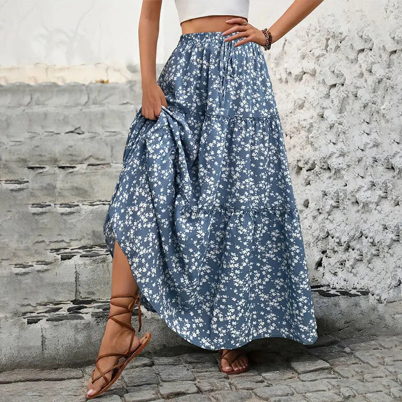 Casual Flower Print Long Skirt - High Waist Maxi Skirt