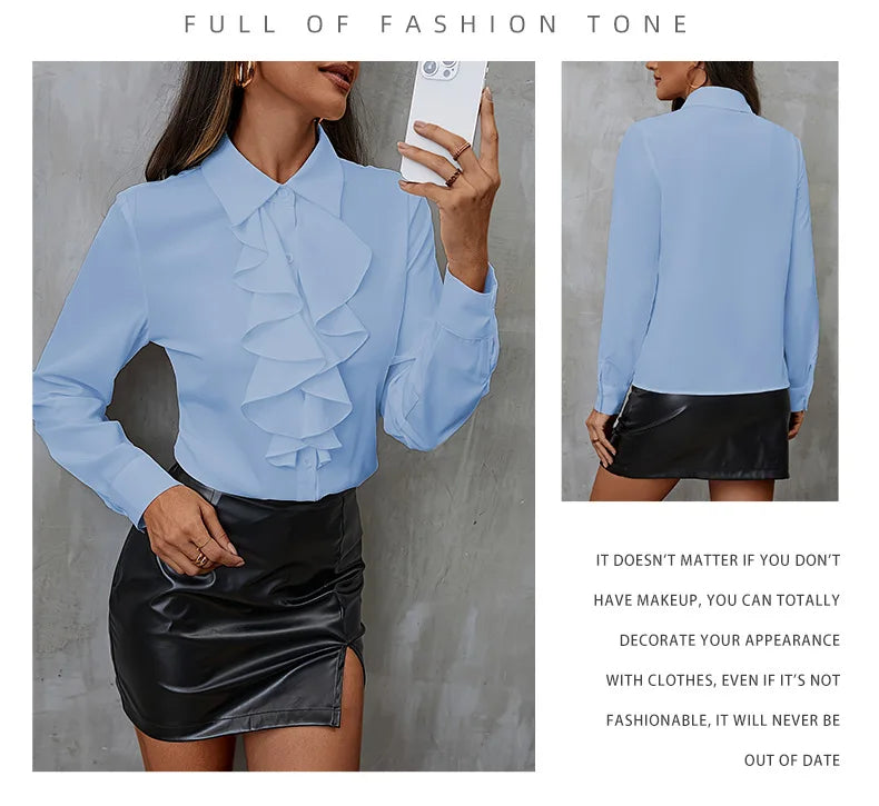 Elegant Women Blouse Ruffled Long Sleeve Office Shirt