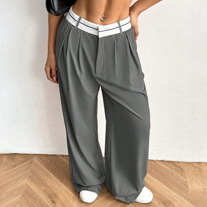 Women's Blazer Pants Pleated Wide-Leg Casual Trousers Contrast Waistband Daily Wear Stylish Versatile Loose Fit  Long Pants