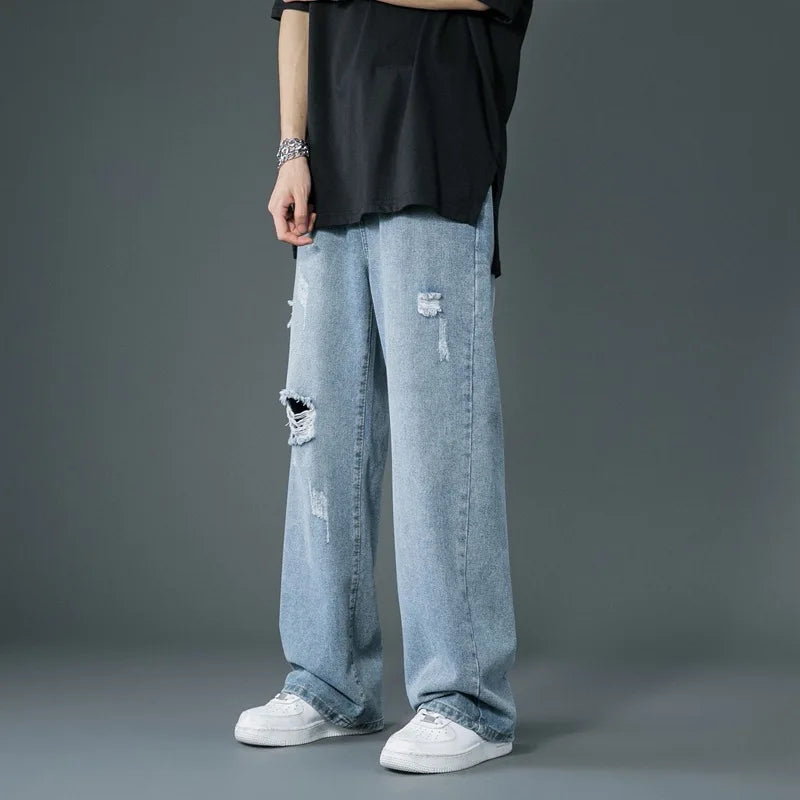 Ripped Jeans Men Ins Trendy - Straight Leg Loose Wide Leg