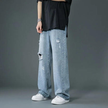 Ripped Jeans Men Ins Trendy - Straight Leg Loose Wide Leg