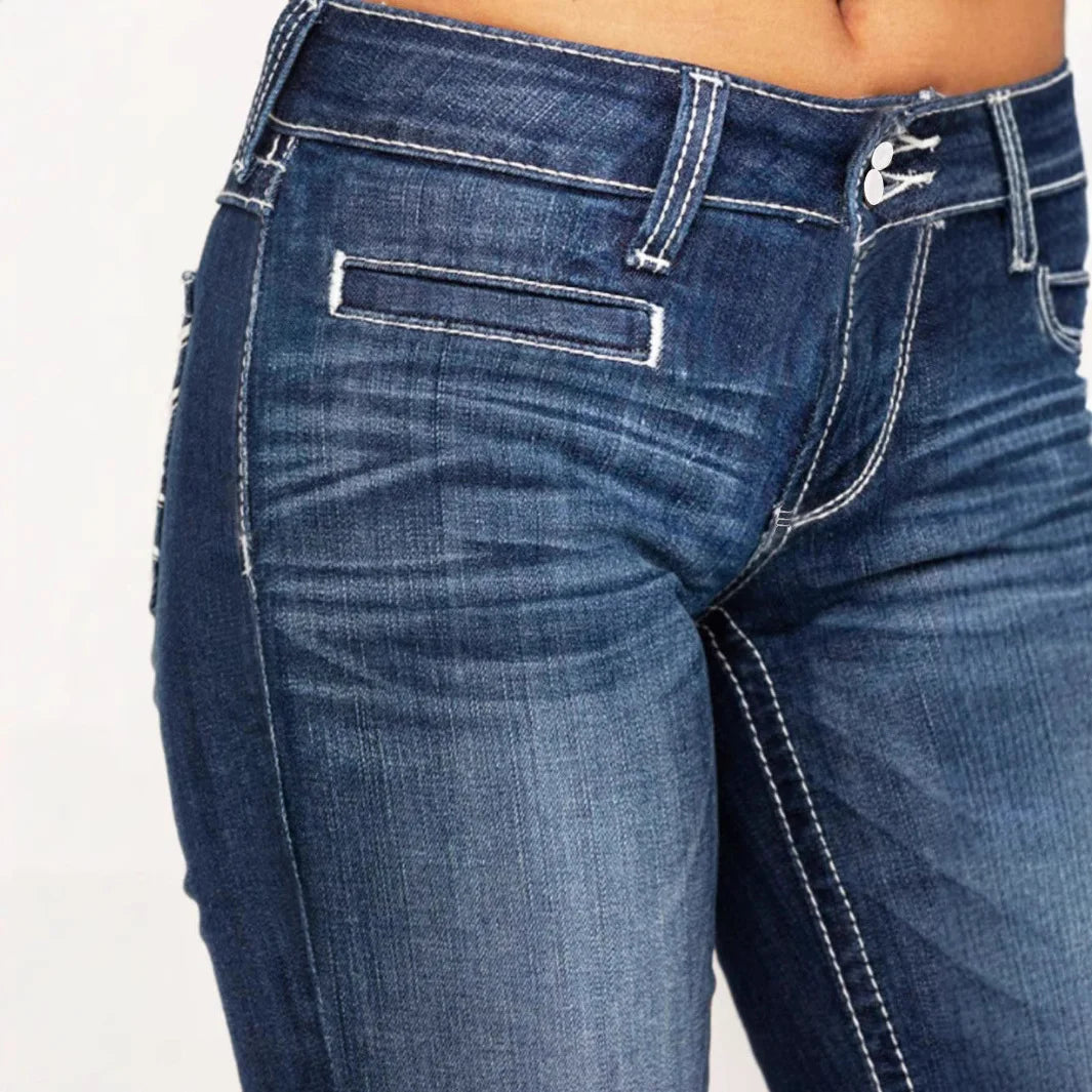 European American Fashion Embroidery Double Waisted Straight Leg Jeans
