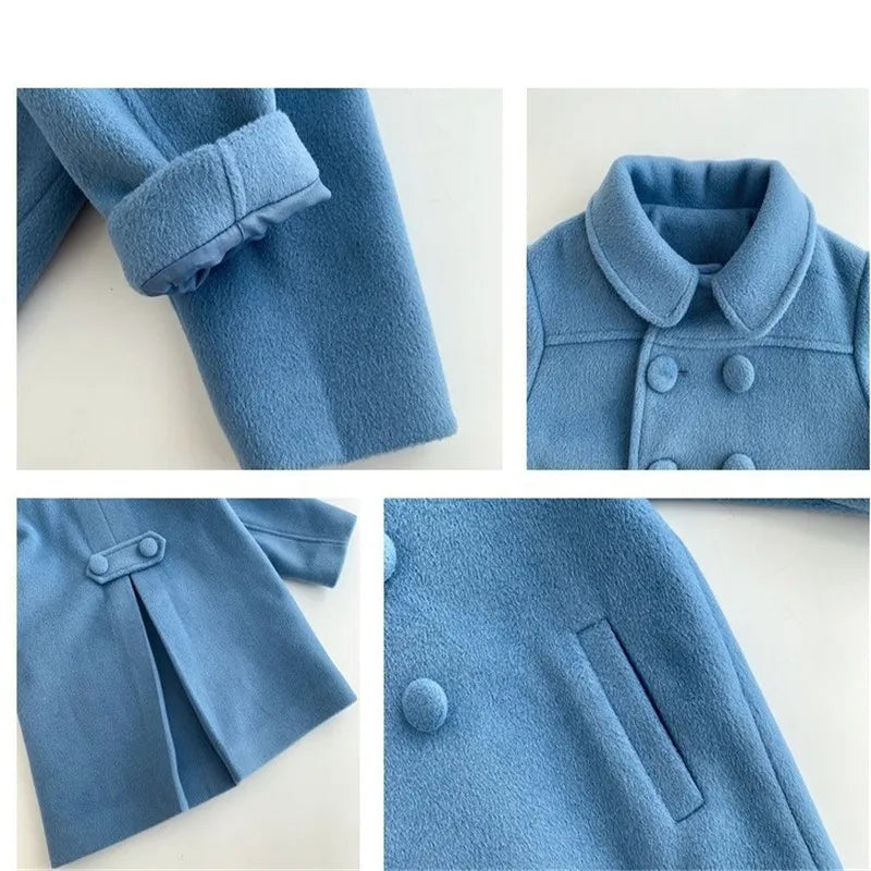 Girls Tweed Coat - Mid-Length Padded Double-Breasted Winter