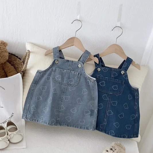 New Spring Summer 2025 Dress Toddler Girls' Suspenders Dress Cute Bear Printing Denim Dress For Baby Girls 1 To 8 Years Old