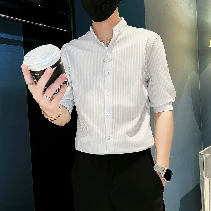 Men's Striped Stand Collar Cardigan Shirt 2025