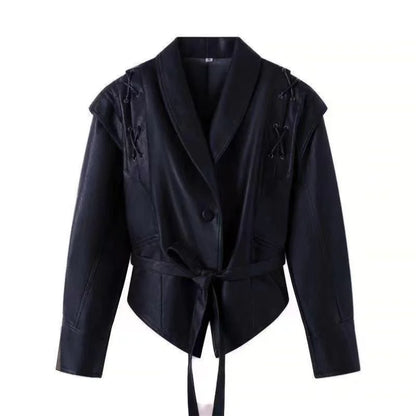 Women Vintage Brown Leather Jacket Lapel Padded Shoulder High Waist Leather Coat With Belt 2025 Lady Autumn Fashion Short Coats