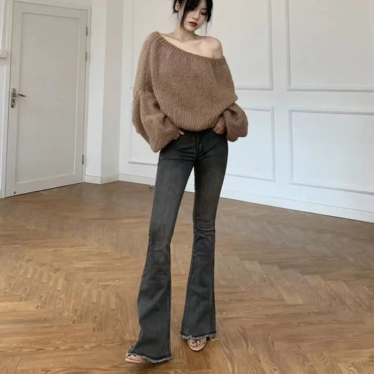 Womens Jeans Flared Trousers Blue Bell Bottom Y2K