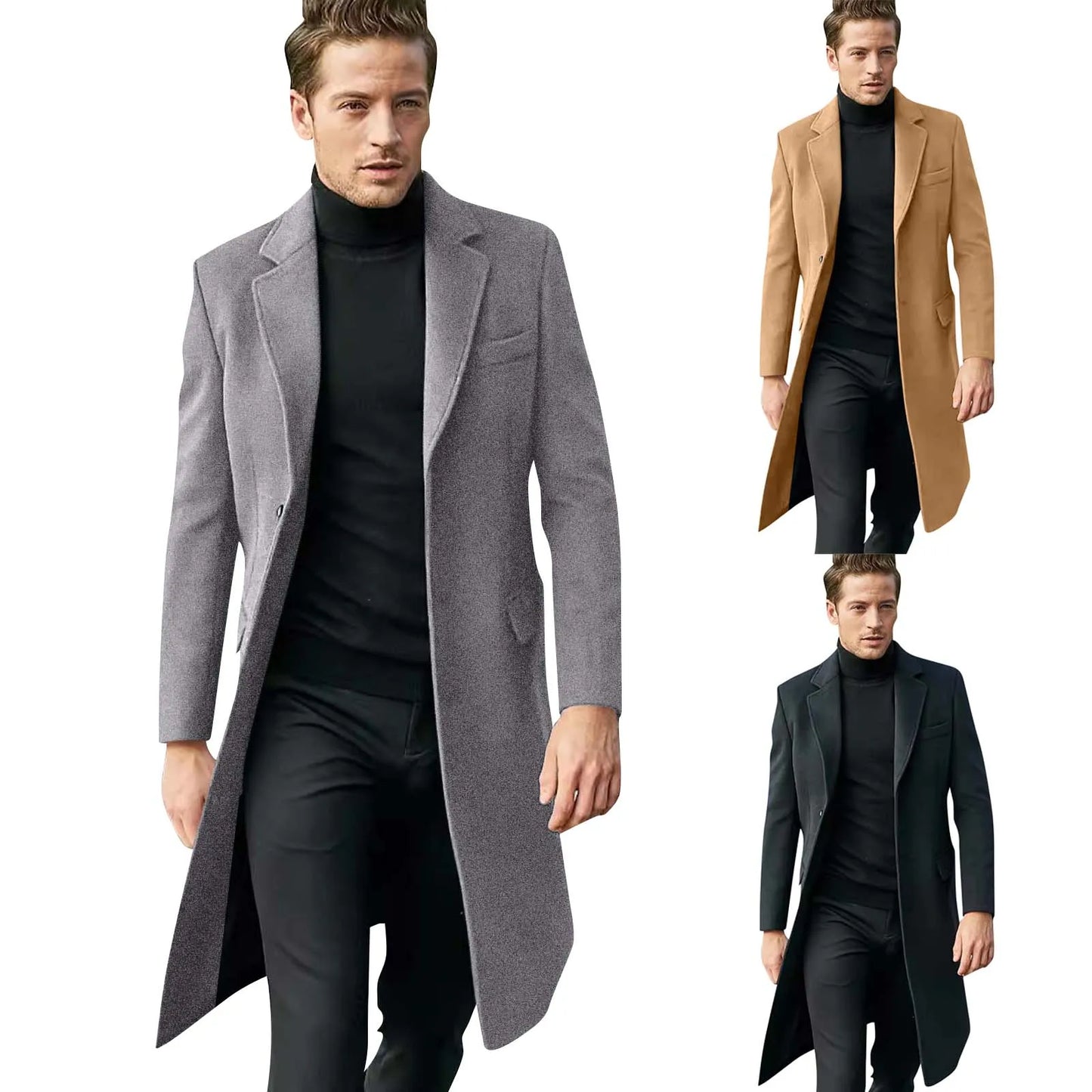 Men's Long Trench Coat - Slim-Fit Wool Jacket