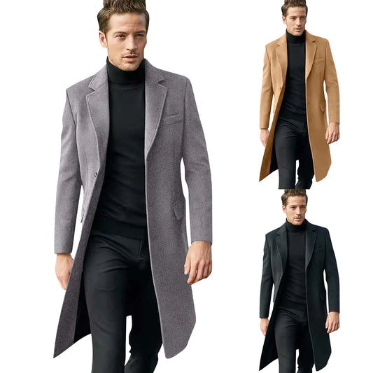 Men's Long Trench Coat - Slim-Fit Wool Jacket